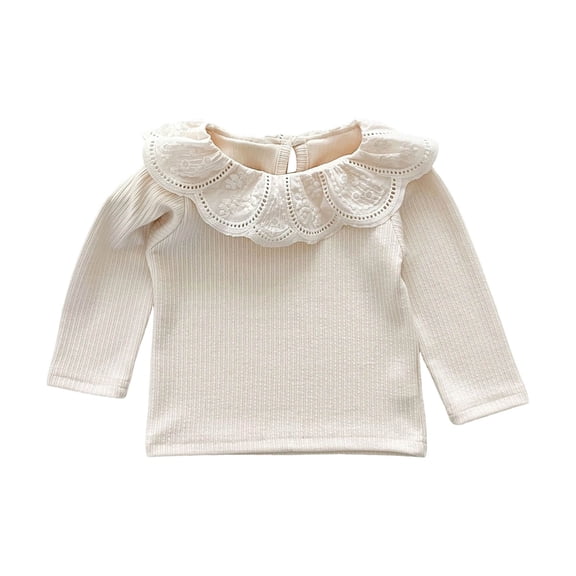 Zpanxa Girls Long Sleeve Lace Collar Top Solid Color Ribbed Knit Shirts Regular Fit Spring Fall Daily Wear Tee Long Sleeve Shirts for Girls