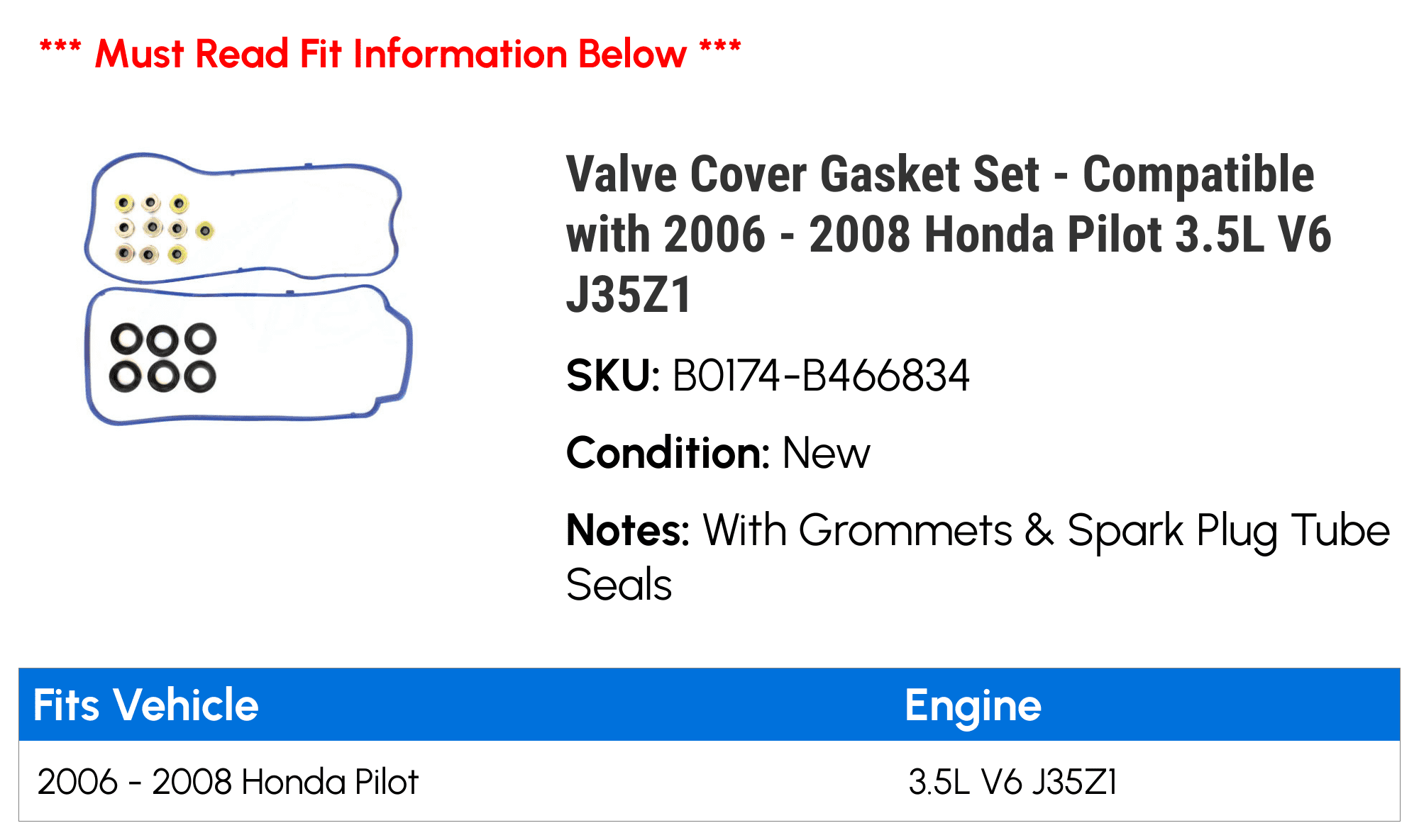 Valve Cover Gasket Set - Compatible with 2006 - 2008 Honda Pilot 3.5L V6 J35Z1 2007