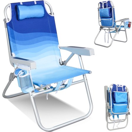 Join Nature 5-Position Reclining Beach Chair, Aluminum Frame, Large Cooler & Storage, Supports 300 lbs, Wave Blue