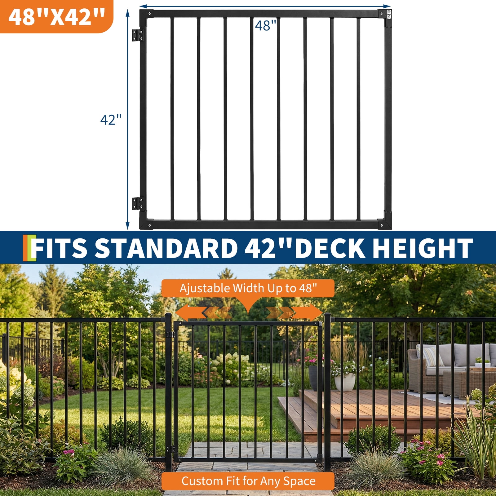 Deck Gate 42-inch Height, Black Heavy-Duty Steel Adjustable Gate for Openings up to 48 inches Wide, Outdoor Patio Safety Gate with Hinges & Latch Included for Yard Porch Stairs