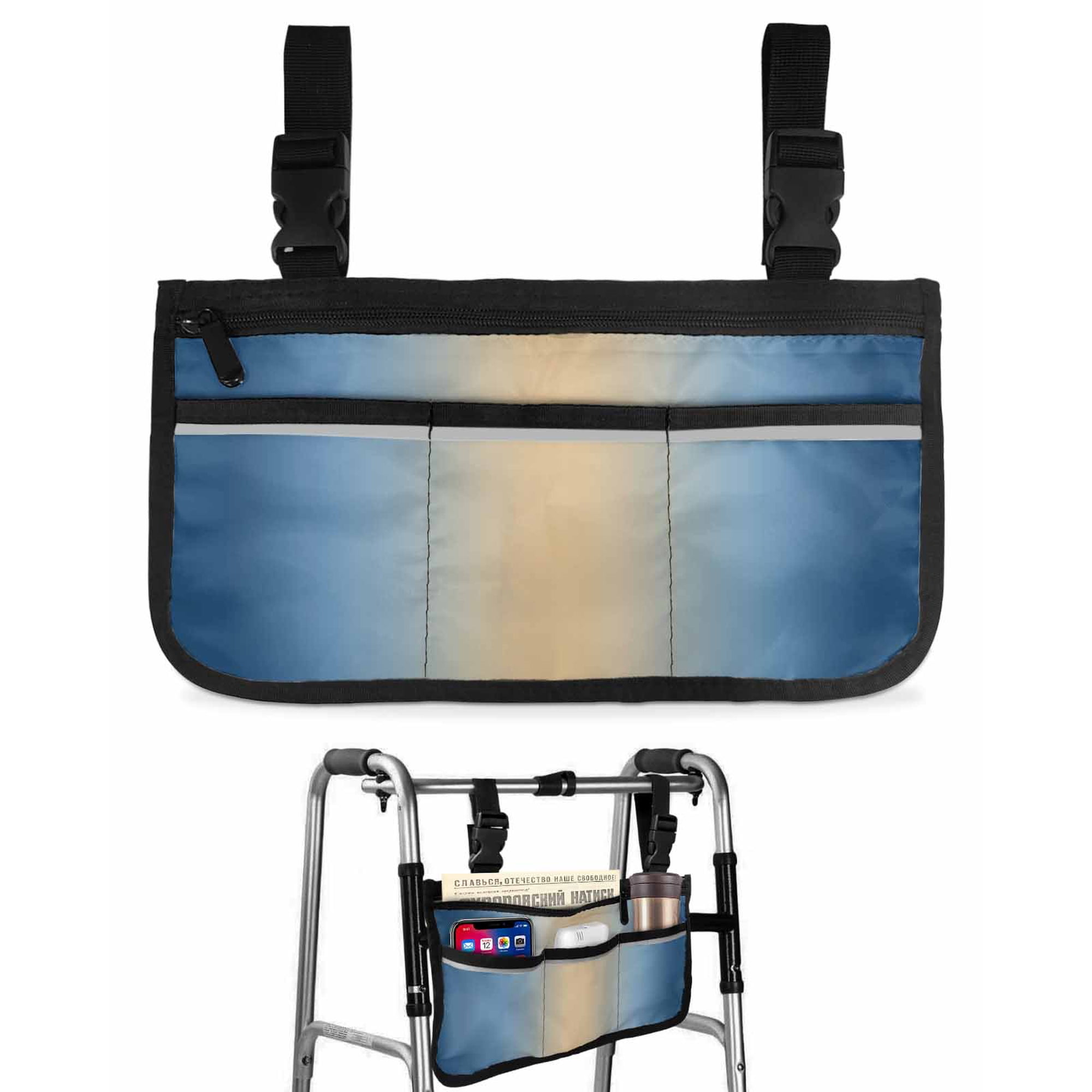Khaki Navy Blue Ombre Wheelchair Side Bag Walk Bag Basket, Modern Abstract Art Gradient Wheelchair Accessories Armrest Pouch, Organizer Storage Bags for Walkers, Rollators, Scooters, 7.3"x13"