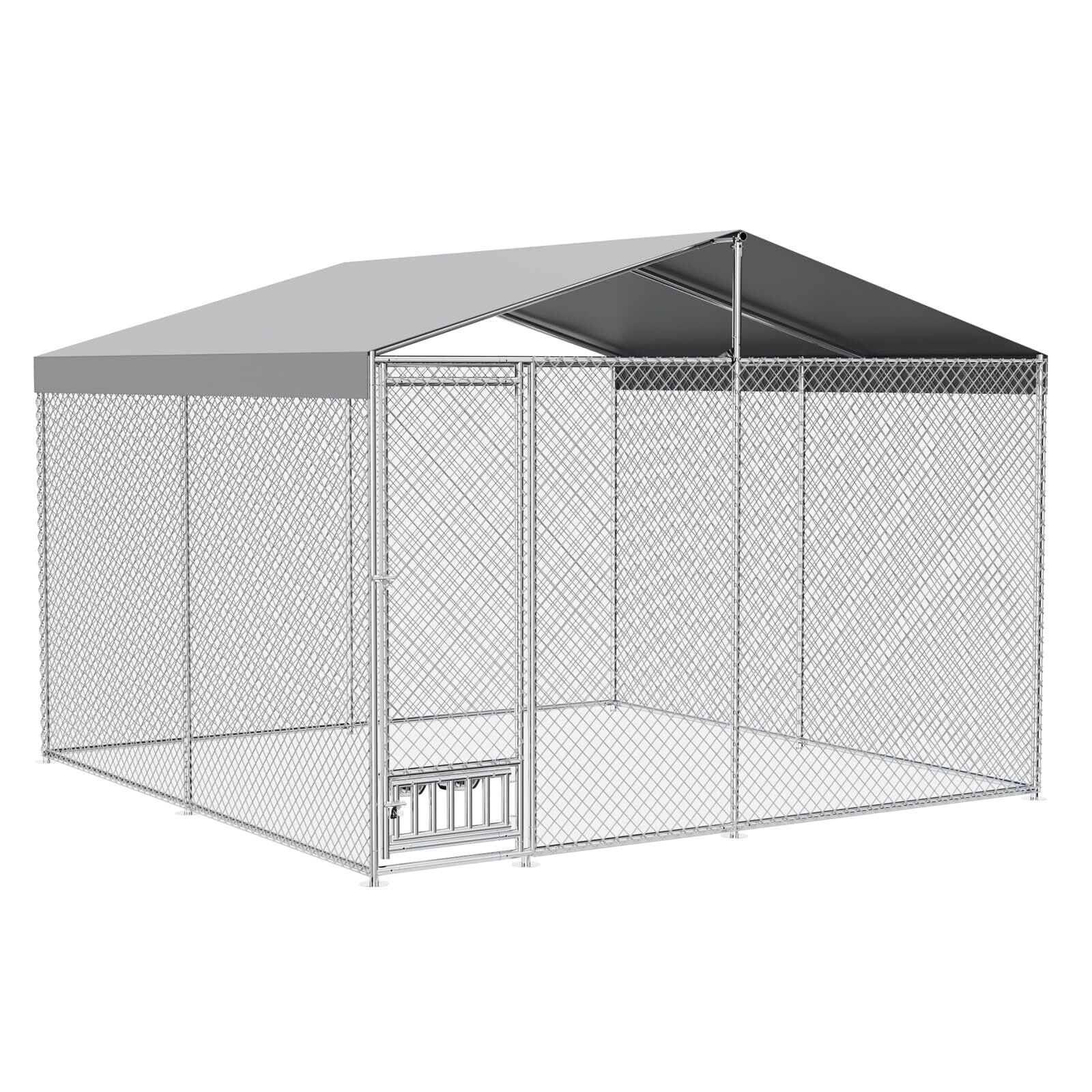 EuKer 10x10 ft Large Outdoor Dog Kennel with Waterproof Cover and Feeding Door for Medium/Large Dogs, Silver
