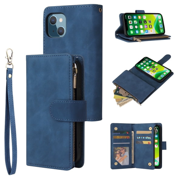 iPhone 13 Wallet Case, Soft Leather Zipper Magnetic Buckle Horizontal Flip Cover with 5 Card Slots, Blue