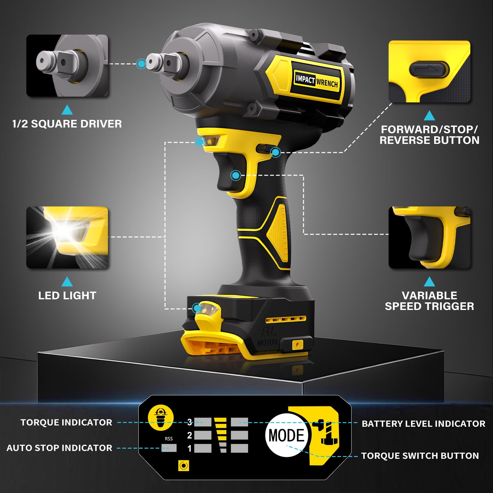 Cordless 1/2" Impact Wrench for DEWALT 20V Battery (no battery), 1200N.m / 900 ft-lbs Impact Driver, 3-Speed Electric Impact Gun, Tool Only with 6 Sockets