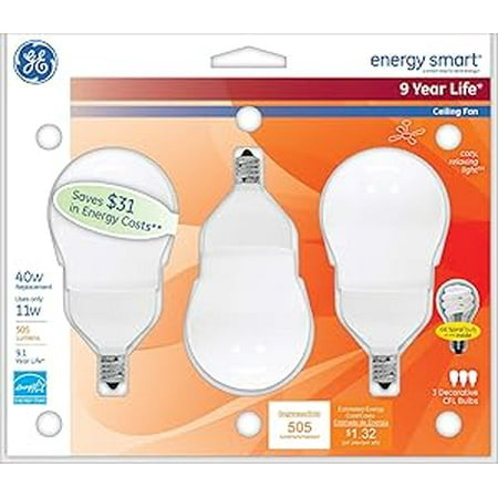 GE Energy Smart CFL Ceiling Fan Bulb, 11W, Candelabra Base, 3pk