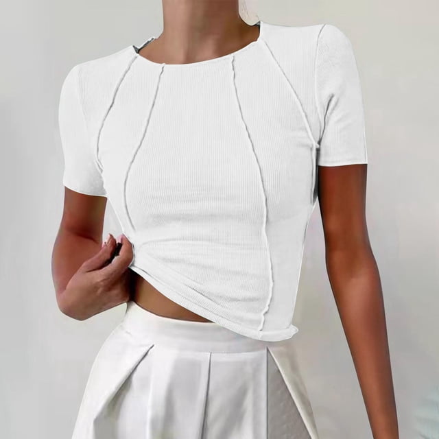 Cropped Tops para Mujeres Verano Suave de punto acanalado plisado Slim Túnica Tops Casual Sólido de manga corta Crewneck Salir Camisas