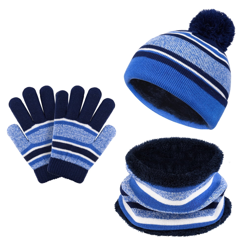 Scarf and Gloves for Boys Girls of 3-7 Years 3 Pieces Kids Winter Knitted Hat Scarf and Gloves Set Beanie Cap 
