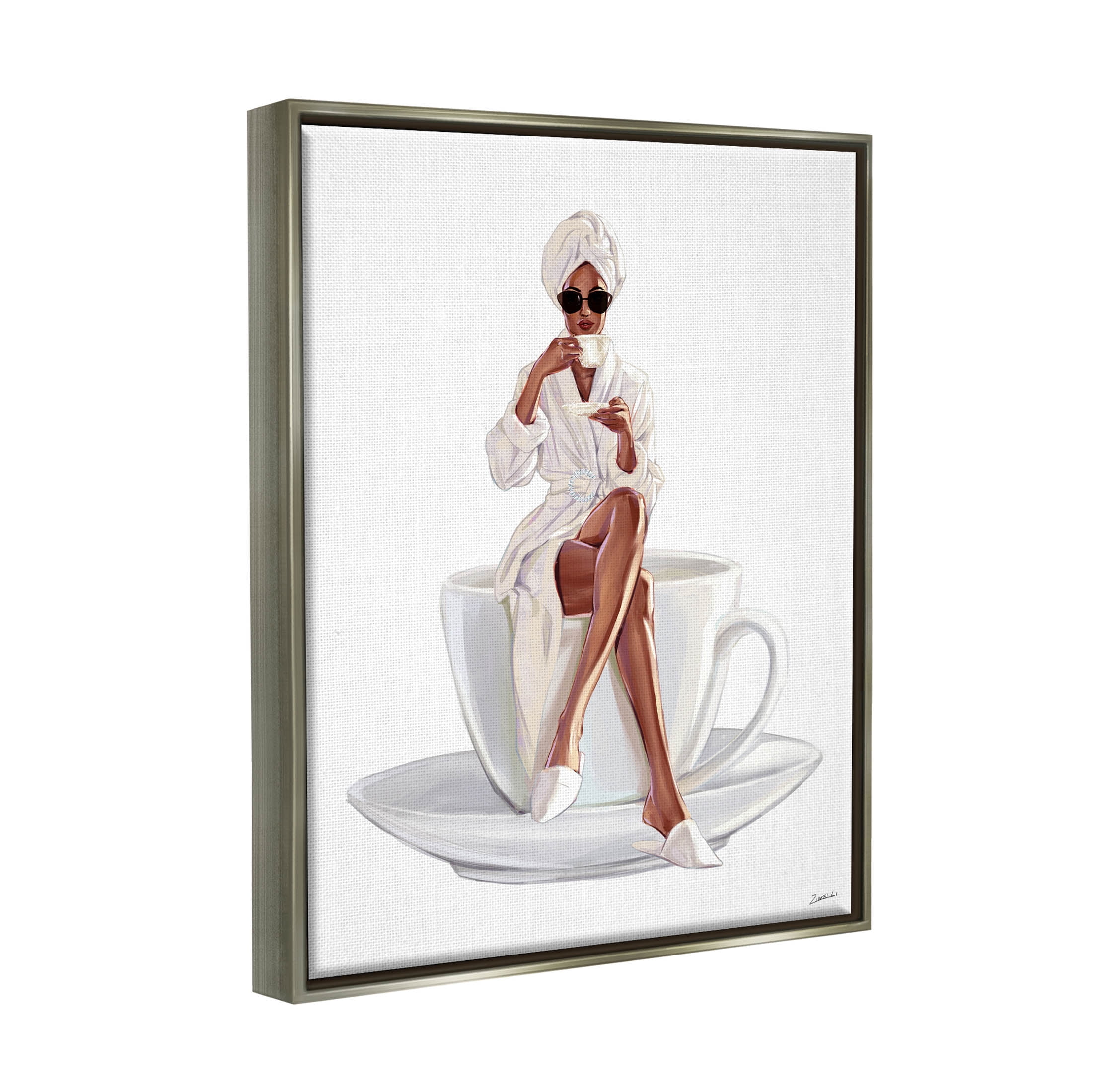 Stupell Industries Fashionable Woman Morning Coffee Graphic Art Luster Gray Floating Framed Canvas Print Wall Art, Design by Ziwei Li