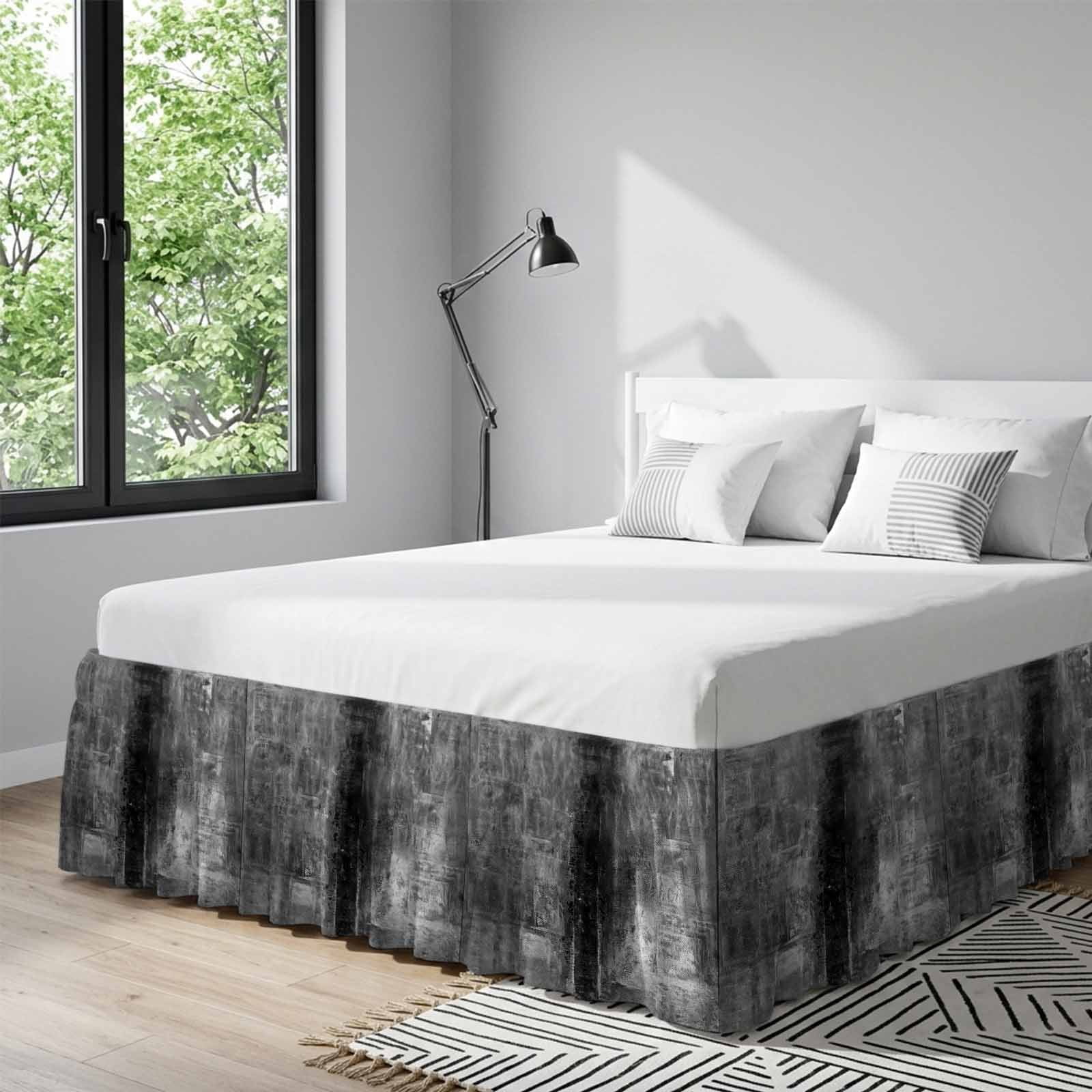 Gray Bed Skirt King Size 16 Inch Drop, Adjustable & Elastic Wrap Around Bed Skirts Pleated Dust Ruffles For Twin Full Queen Cal King Base Beds, Retro Oil Painting Modern Abstract Art Aesthetics