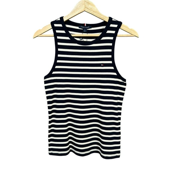 Tommy Hilfiger Womens Slim Fit Stripe Tank Top M Navy Blue-Optic White Stretch