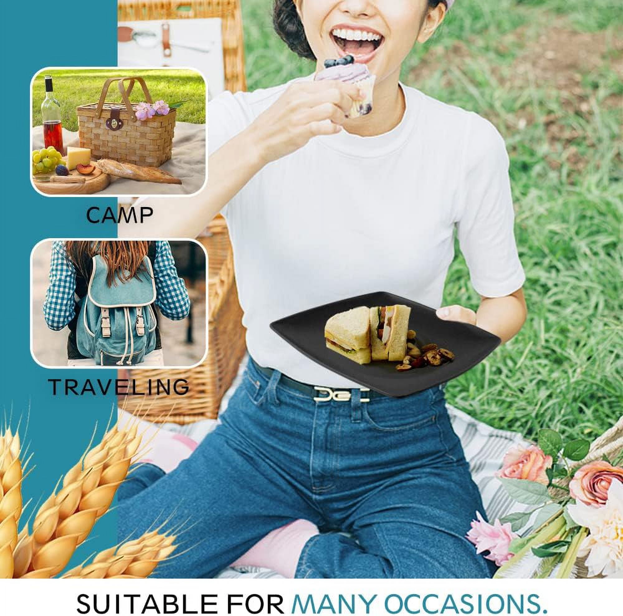 Teivio 16-piece Plastic Wheat Straw Square Dinnerware Set for 4, Unbreakable Dinner Plates, Salad Plates, Snack Bowls, Tumblers 13.5 oz, Dishwasher Safe, Black