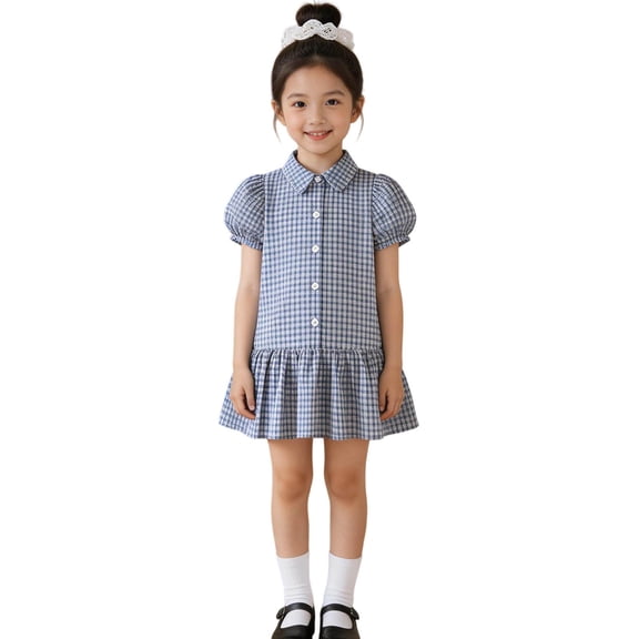 FYDUU Plaid Dress For Girls Classic Plaid A-Line School Dresses With Collar Short Sleeve Sundress Kids Gingham Dress Casual Wear 4-5 Years