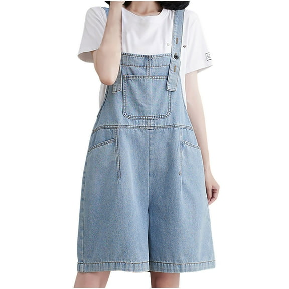 Idoravan Denim Jumpsuit for Women Women's Denim Jumpsuit Double Pocket Loose Casual Jumpsuit Shorts Strap Pants
