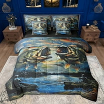 Feelyou Hippie Pike Fish Bedding Comforter Set 7pcs, Rustic Farmhouse Animal Queen Bedding Sets, Hunting and Fishing Reversible Queen Sheet Sets, Super Cozy Room Decor