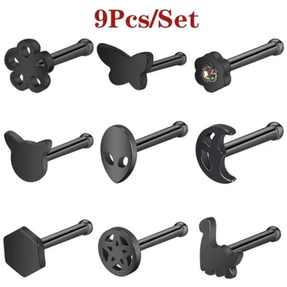QQTDFG 9Pcs/Set 20g Stainless Steel Nose Stud I/L/S-Shape Nostril Piercings Jewelry-Multicolor-S shape