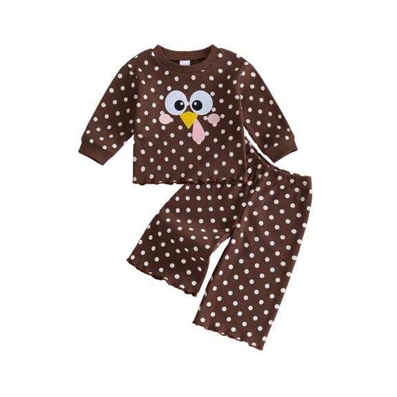 Cjfdfy Toddler Baby Girl Thanksgiving Outfit Little Turkey Embroidery Long Sleeve Dot Waffle Knit Tops Pants Set Little Baby Cute My First Thanksgiving Fall Winter Outfit