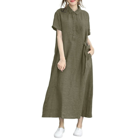 Summer Dresses For Women 2025 Summer Casual A-Line Short Sleeve Turtleneck Solid Color Maxi Dresses with Pockets for Women Army Green L
