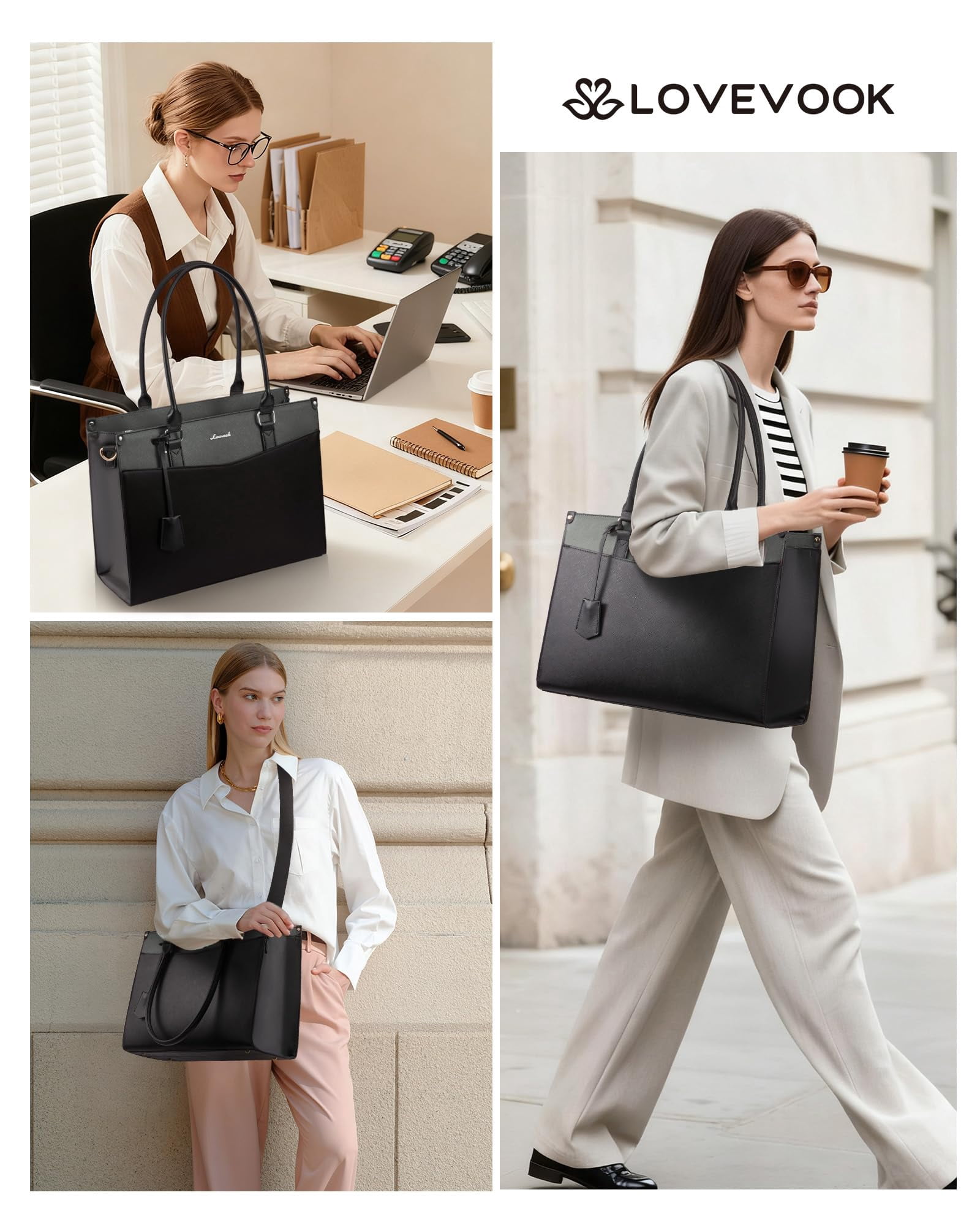 LOVEVOOK Laptop Bag for Women, 2-in-1 Tote Purse with Clutch & Cup Holder, Waterproof Briefcase for Work Travel