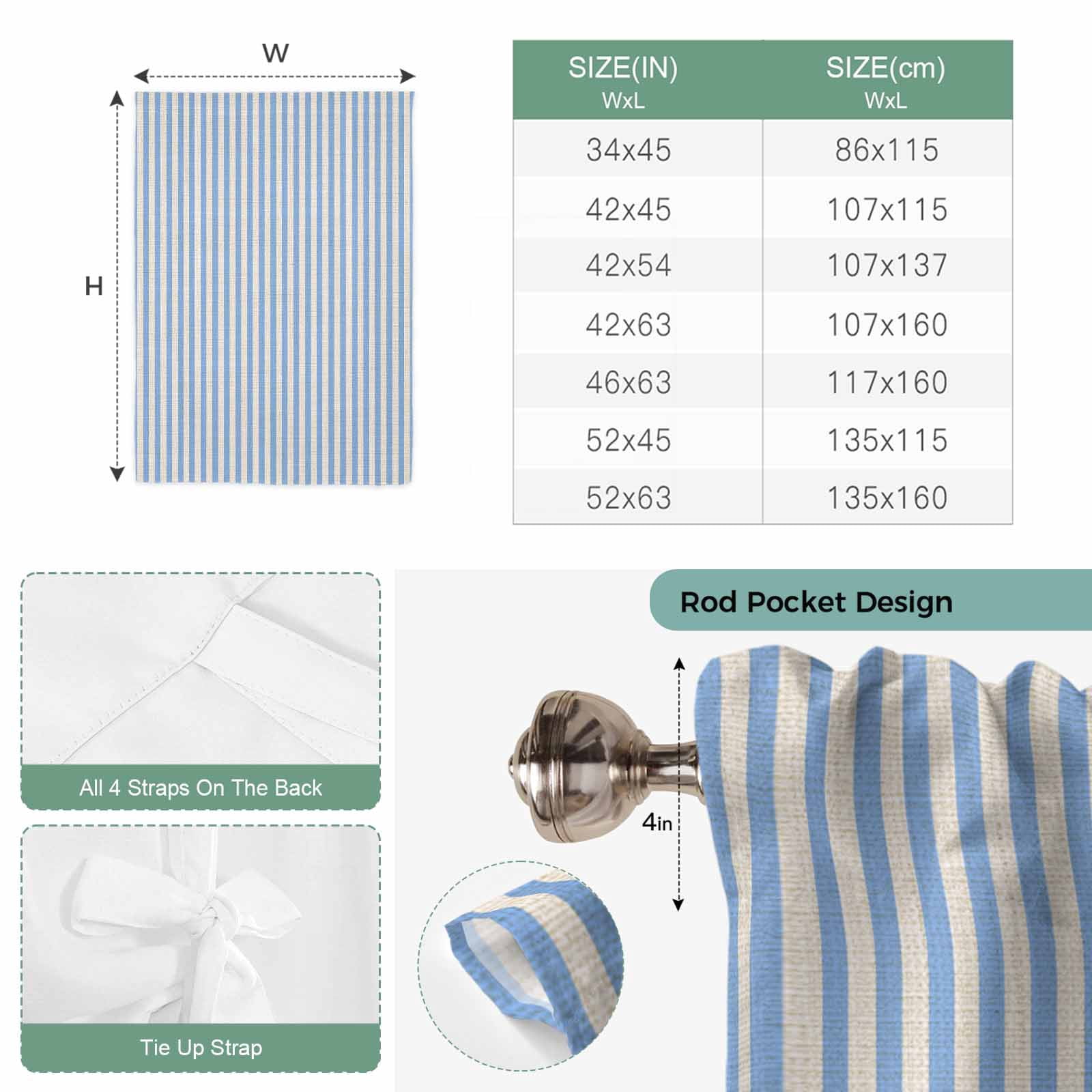 Simple White Striped Tie Up Curtain for Window, Blue Stripe Vintage Linen Texture Adjustable Tie Up Balloon Curtain Valances Rod Pocket Window Treatment for Kitchen Bathroom Bedroom 34"x45"