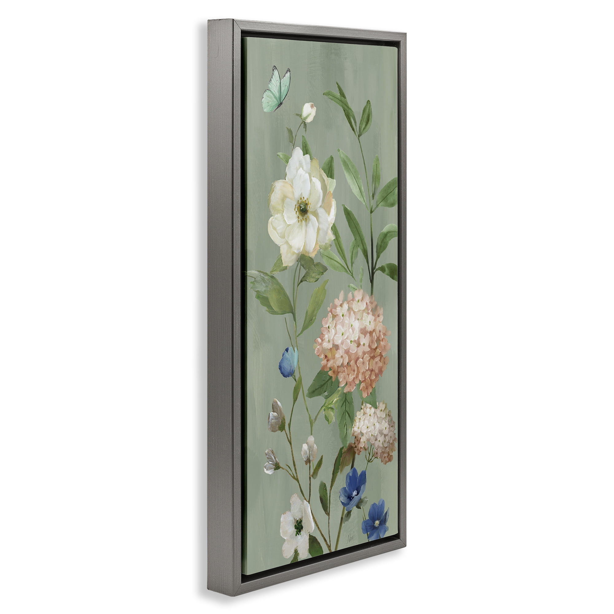 Stupell Industries Mint Floral Cluster & Butterfly Gray Framed Floater Canvas Wall Art, design by Nan