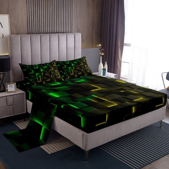 Erosebridal Geometric Plaid Sheet Set Twin,Green Yellow Bedding Sets Twin Size,Futuristic Cubes Twin Sheet Sets,Super Cozy Neon Bedroom Decoration,3pcs
