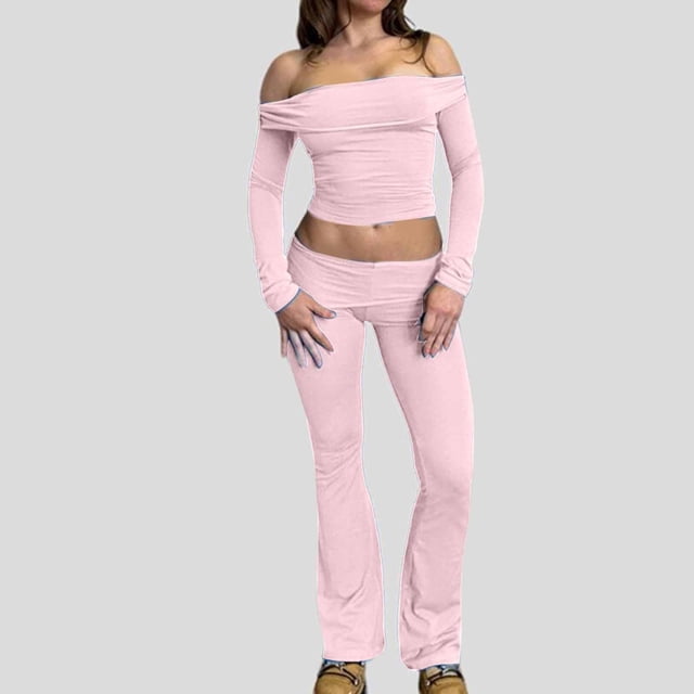 Penkiiy Ensemble 2 Pcs pour Femmes Haut Court à Manches Longues et Pantalon Évasé m Rose
