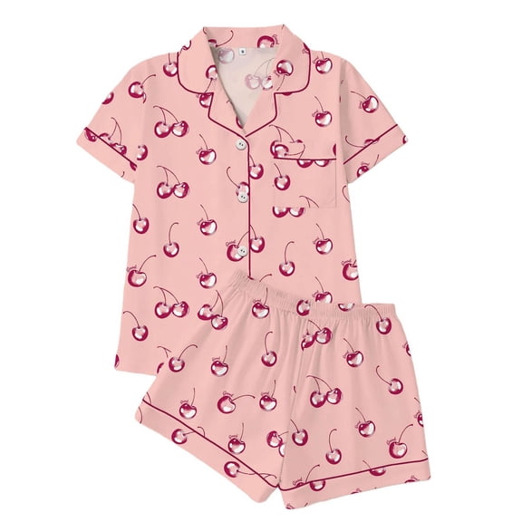 XIAONU Women's Cherry-Print Contrast-Piped Pajama Set Soft Lightweight Casual Bedtime Sleepwear