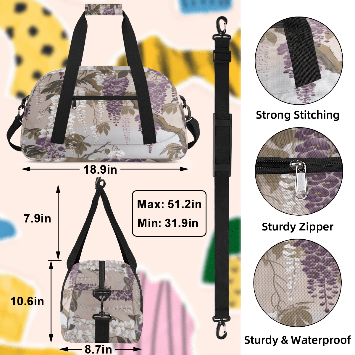 Herdesigns Floral Wisteria Sports Duffle Bag for Women & Men, Purple Flower Gym Bag Dance Bag Overnight Bag Carry On Weekender Travel Bag