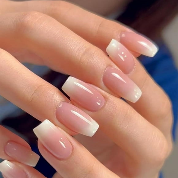 Pink Press on Nails Short Coffin Fake Nails Gradient White False Nails with Design Cute Acrylic Glue on Nails Glossy Full Cover Artificial Stick on Nails for Women Nails Manicure Decorations 24Pcs