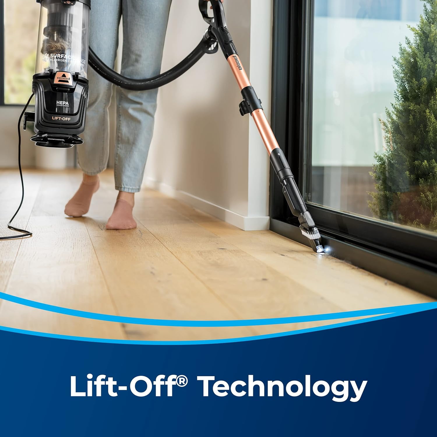 BISSELL SurfaceSense Allergen Lift-Off Pet, Bagless, Upright Vacuum, Pet Friendly, Surface Detect Technology, LED Headlights, Tangle-Free Brush Roll, 3415, Black & Copper