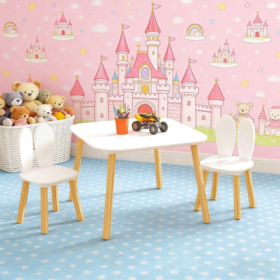 3Pcs Kids Table and Chair Set,Toddler Table and 2 Chairs Set Wooden Activity Play Table Set,Rabbit White
