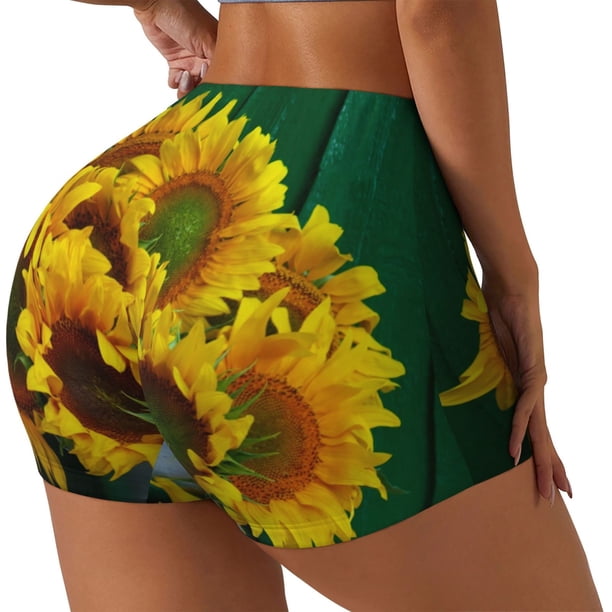 Balery Sunflowers in Bucket Pantalones cortos de entrenamiento estampados para mujer, sin costuras, ajustados, para gimnasio, yoga, correr, deportes, ejercicio activo, fitness.-X-Large