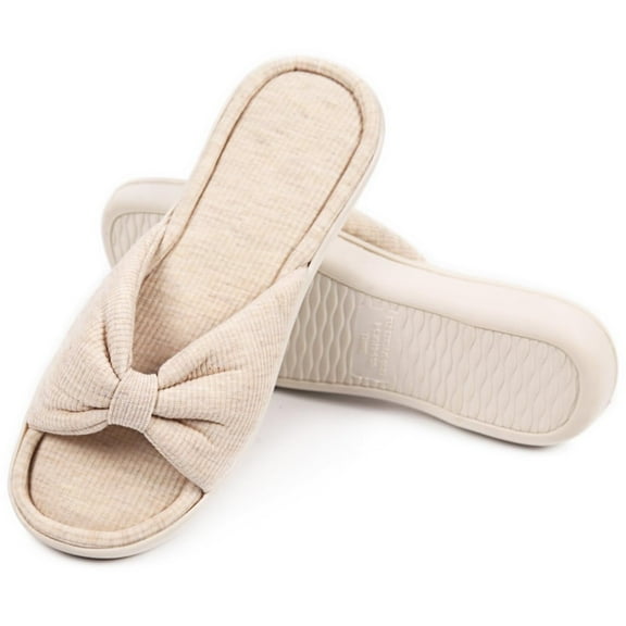 Womens Open Toe Summer Bedroom Slippers Beige Memory Foam Sandal Home Ladies Comfy Slippers(Size:9-10)