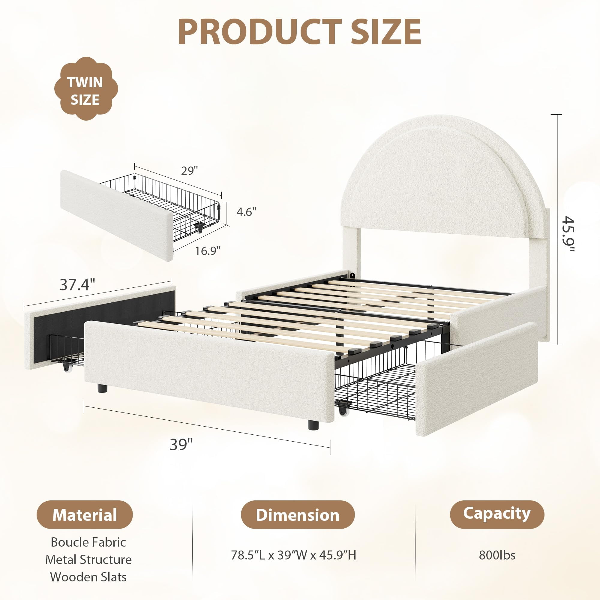 Twin/Full/ Queen Size Bed Frame with Storage Drawers, Upholstered Boucle Platform Bed with Round Headboard, Heavy Duty & Noise Free, No Box Spring Needed