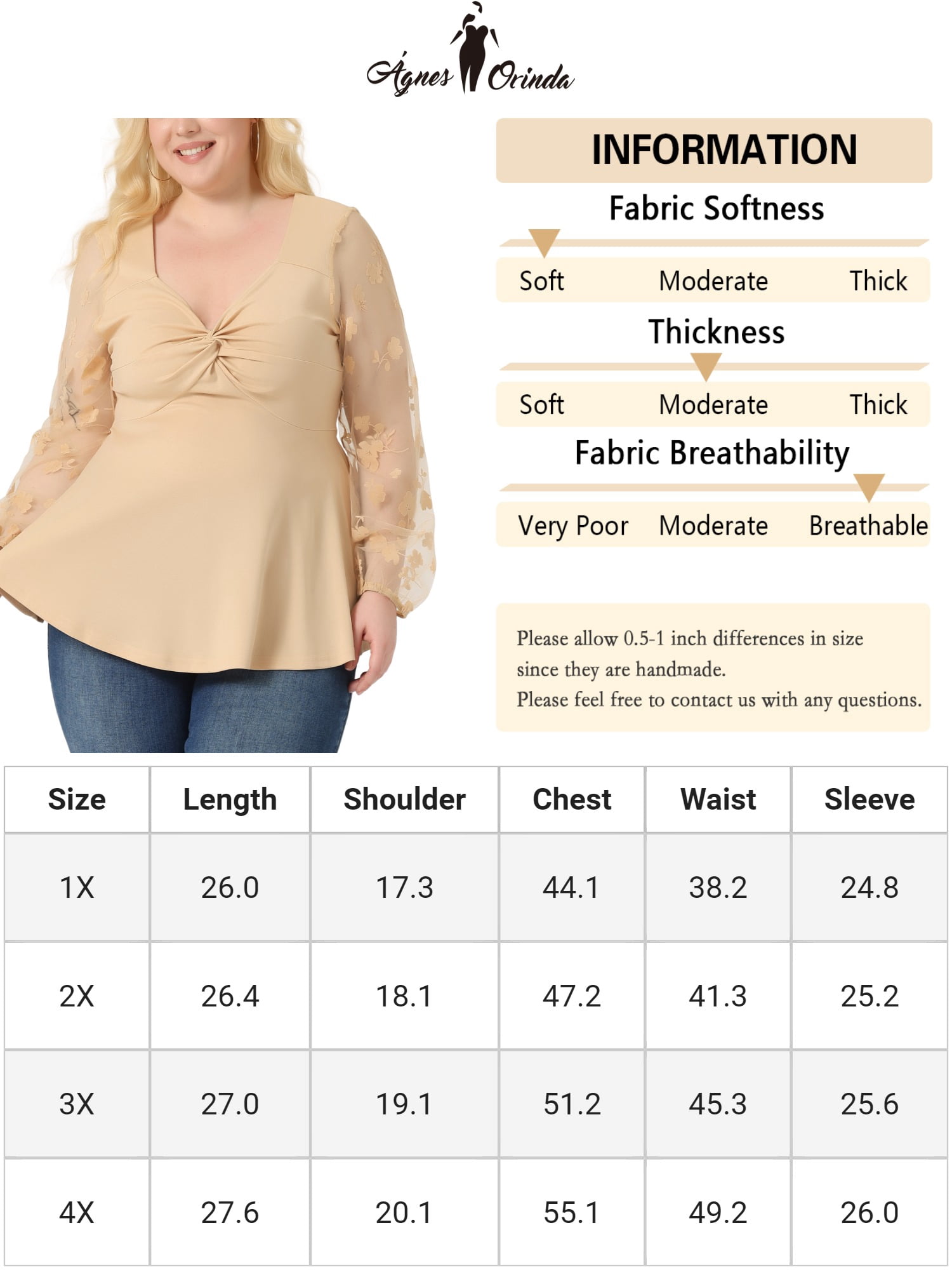 Unique Bargains Women's Plus Size Panel Heart Sheer Mesh Long Sleeve Shirts Blouses 2X Beige