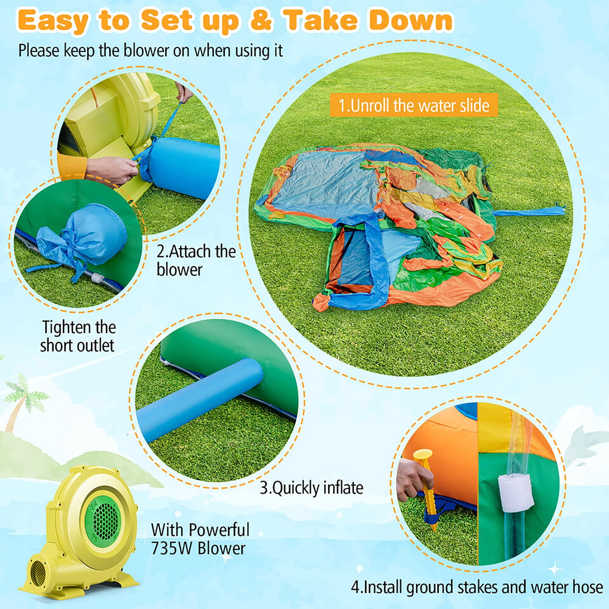 Gymax Kids Inflatable Water Slide Park w/735W Blower Basketball Rim Wet Dry Combo