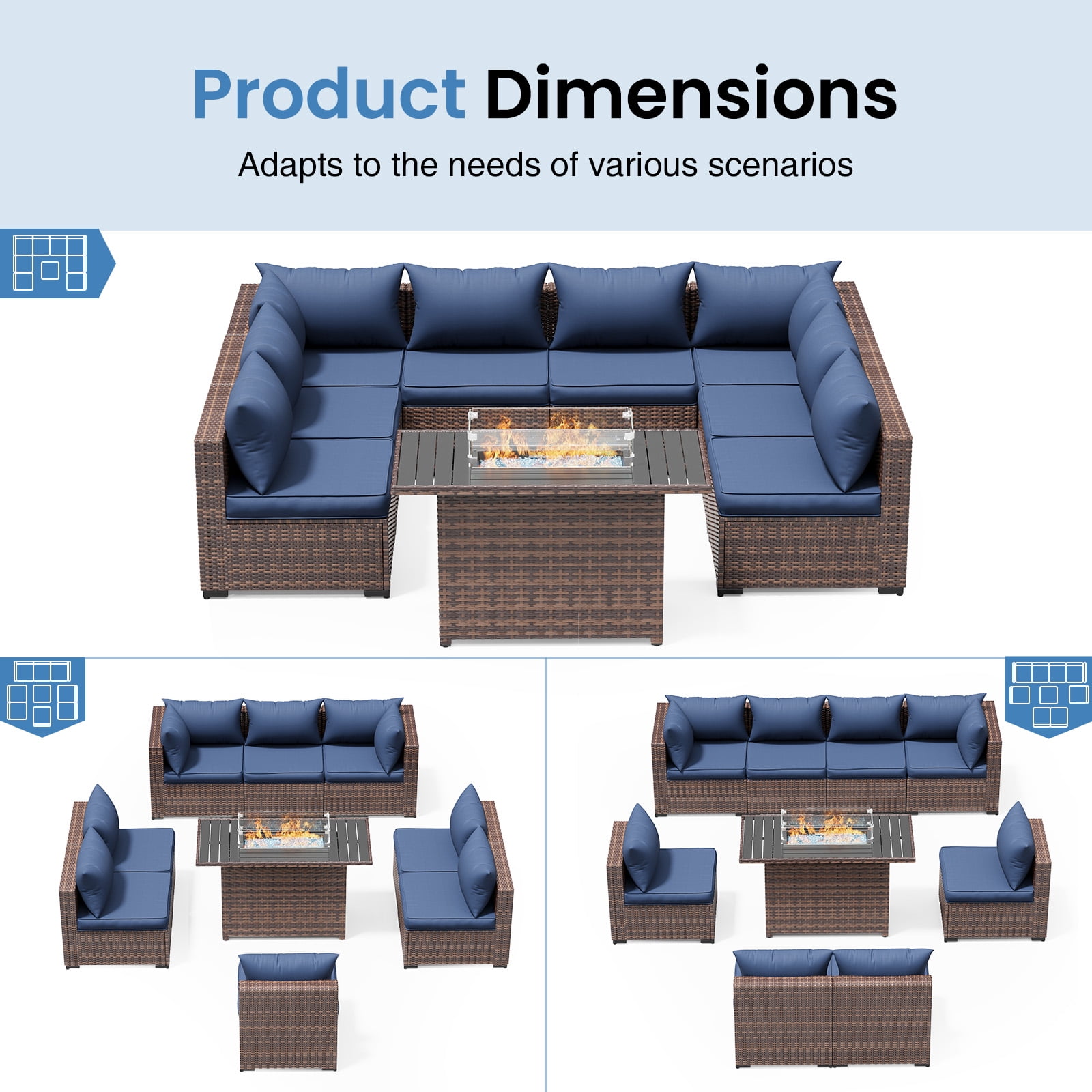 ELPOSUN Patio Furniture Set, Outdoor Patio Furniture Wicker Sectional Furniture Couch Set, 9 Pieces Outdoor Sectional Sofa with Fire Pit Table, Outdoor Patio Set for Outdoor Furniture (Navy Blue)