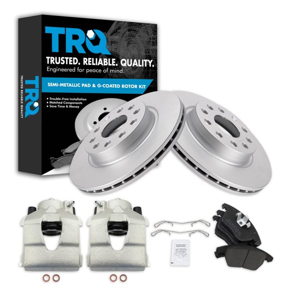 TRQ Front Brake Pad & Rotor Kit Brake Caliper Brake Pads Brake Rotor Semi-Metallic Premium G-Coated Fits Select 2011 Audi A3 Quattro 2011-2013 Volkswagen Jetta