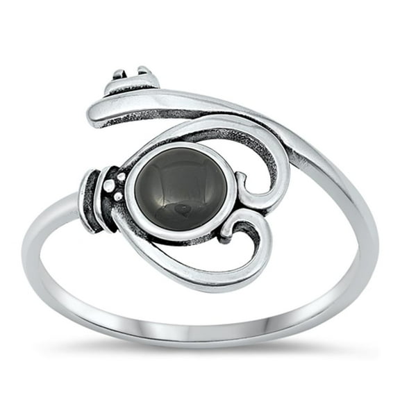 CHOOSE YOUR COLOR Black Simulated Agate Key Spoon Ring .925 Sterling Silver Bali Band CZ Female Size 4