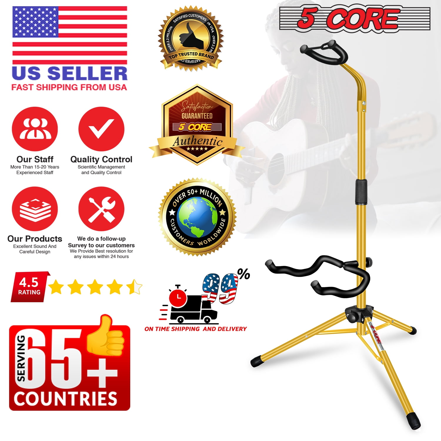 5 Core Guitar Stand Floor Adjustable 2pcs Heavy Duty w Neck Holder Universal Supports for Acoustic Electric Classic Bass Instrument Folding Portable Yellow - GSH HD YLW 2pcs