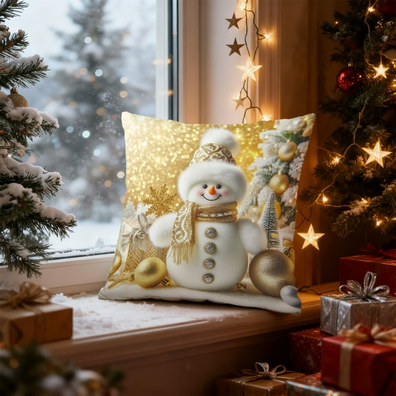 Fzsteel Christmas Linen Pillow Cover 45x45cm Festive Snowman Deer Print Elegant Home Decor With Golden White Warm Tone