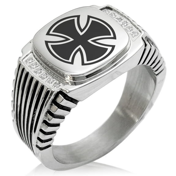 Stainless Steel Pattee Iron Cross Circlet CZ Ribbed Needle Stripe Pattern Biker Style Polished Ring