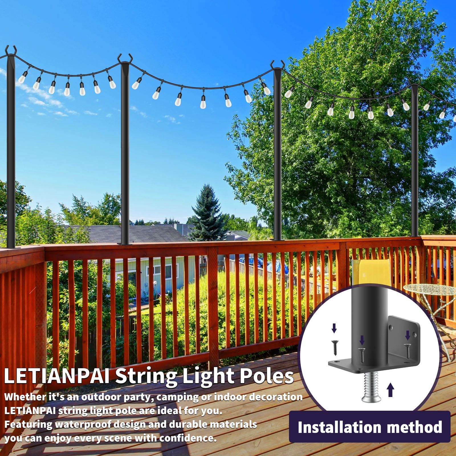 6Pack 5FT Heavy Duty Metal Outdoor String Light Poles with Stable Stand, Hanging Light Poles for Patio Backyard Garden Wedding Party Decor