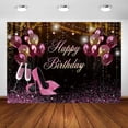 thumbnail image 1 of Fondo de fotografía de cumpleaños con globos dorados, negros, rosados y dorados para sesión de fotos de niñas y mujeres. Banner de fiesta de feliz cumpleaños con tacones altos, decoraciones de globos, 1 of 3