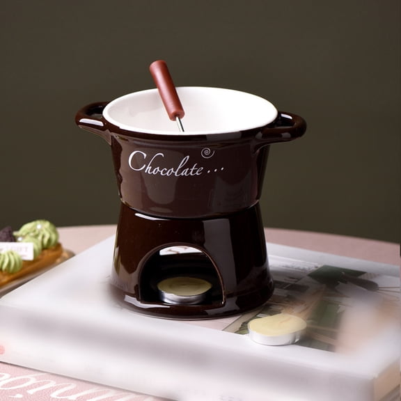 Ceramic Fondue Melting Pot Mug Warmer with Fork for Chocolate Cheese Caramel for Family Dinners and