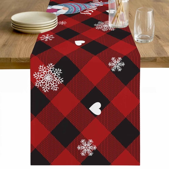 Christmas Gnomes Table Runner 70 Inches Long Farmhouse Dress Scarves, Buffalo Plaid Xmas Winter Snowflakes Dining Tablerunner for Coffee Table/Kitchen Island/Party Décor, 13" x 70"
