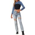 thumbnail image 2 of INSPIRE CHIC Women's Jacket Jean Flat Collar 2 Button Long Sleeve Cropped Denim Jackets XS Blue, 2 of 5