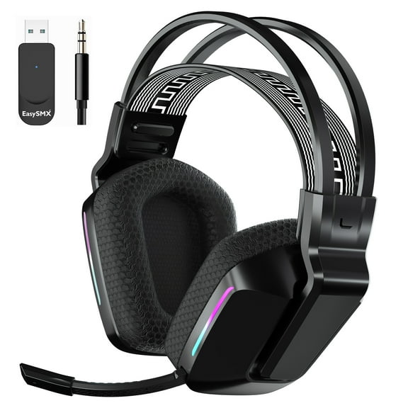 LISHIVE Low Latency Wireless Gaming Headset with Detachable Noise Microphone EasySMX C09W Game Headphones with Voice Control, RGB Lights for PC Windows, Android, IOS, PS4/5, Black