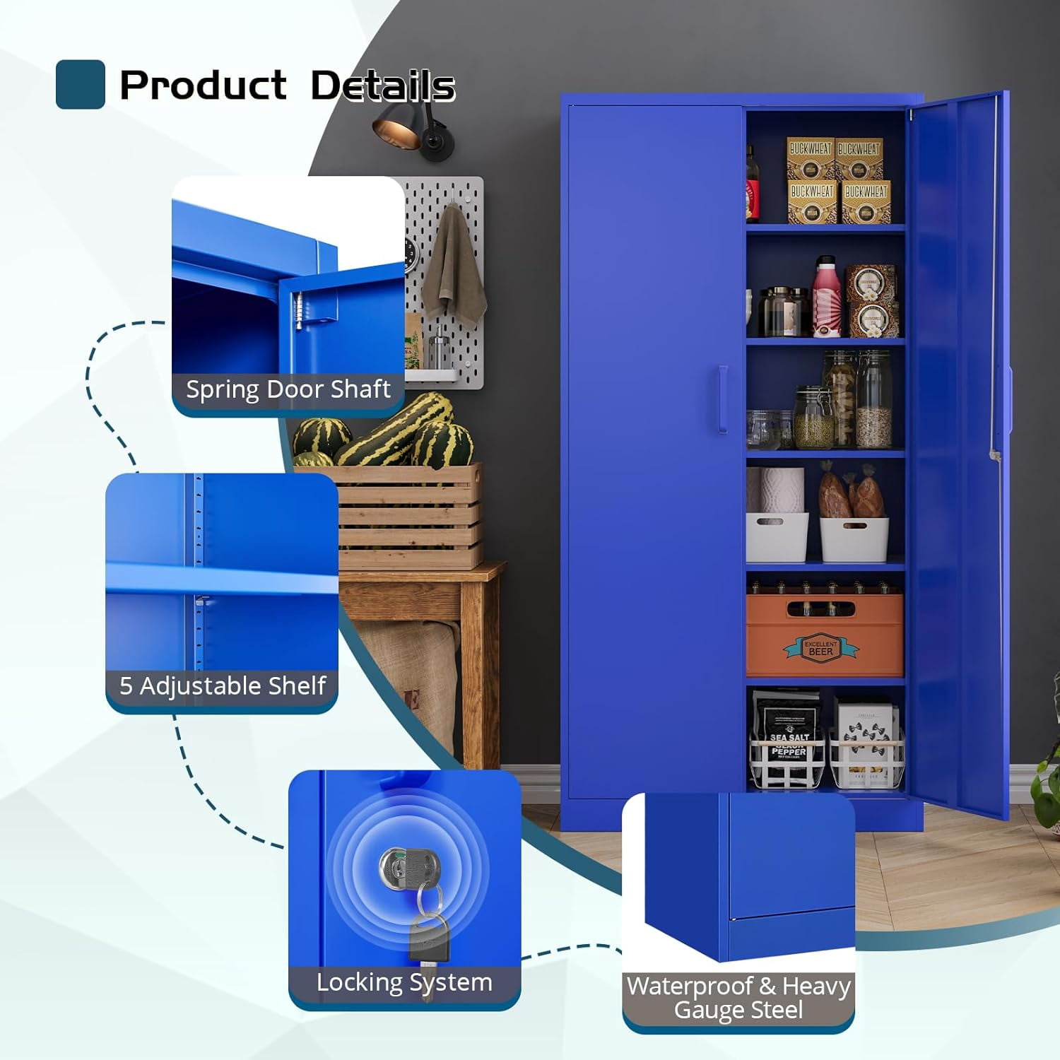 MIIIKO Metal Storage Cabinet with Locking Doors, Blue Grey Garage