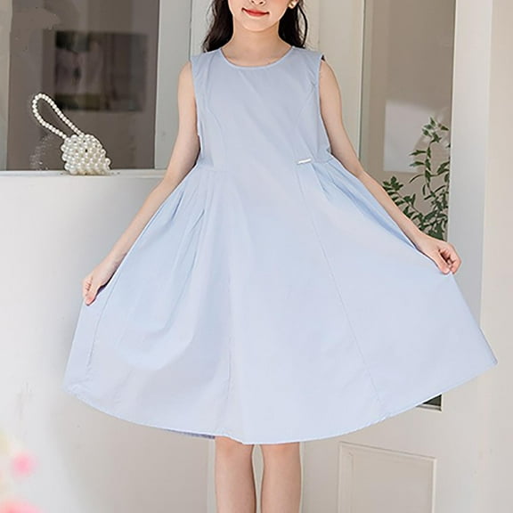 Girls Sleeveless Tank Dresses Cotton Teen Crewneck High Waist A-Line Knee Length Summer Sundress 6-16 Years
